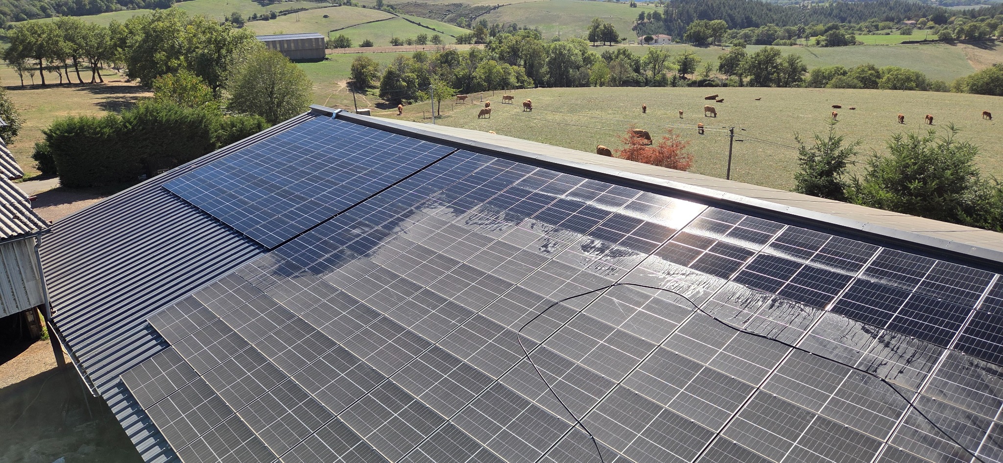 Robot en cours de nettoyage sur une toiture photovoltaïque